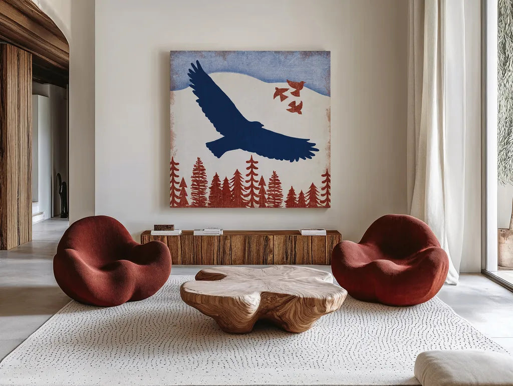 Patriotic Woodland Eagle by Michael Mullan. Shown as extra-large giant wall art in a modern living room. Available as an archival giclee rolled canvas, fine art paper, or poster print. SKU 66094a.