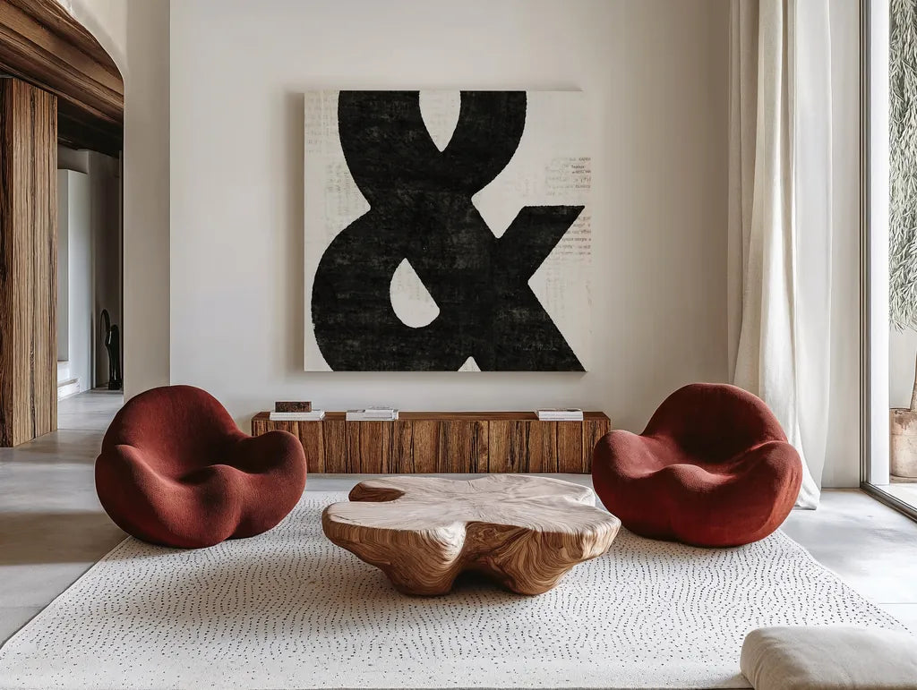 Punctuated Black Square III by Michael Mullan. Shown as extra-large giant wall art in a modern living room. Available as an archival giclee rolled canvas, fine art paper, or poster print. SKU 9039a.