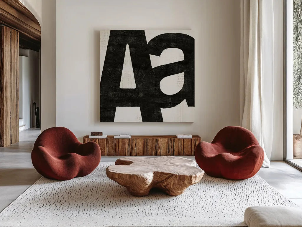 Punctuated Black Square I by Michael Mullan. Shown as extra-large giant wall art in a modern living room. Available as an archival giclee rolled canvas, fine art paper, or poster print. SKU 50692a.
