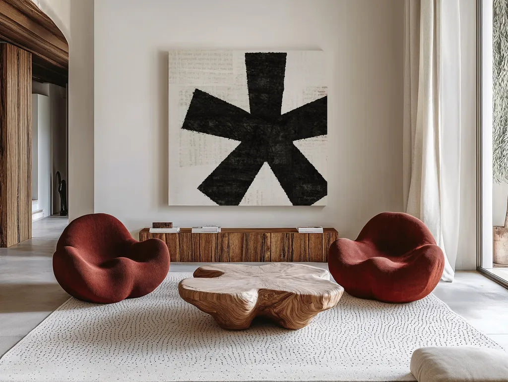 Punctuated Black Square VII by Michael Mullan. Shown as extra-large giant wall art in a modern living room. Available as an archival giclee rolled canvas, fine art paper, or poster print. SKU 9115a.