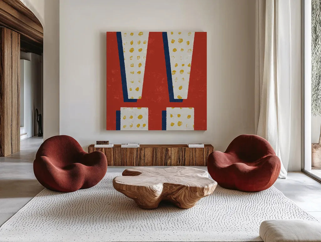 Punctuated Square I Bright by Michael Mullan. Shown as extra-large giant wall art in a modern living room. Available as an archival giclee rolled canvas, fine art paper, or poster print. SKU 56573a.
