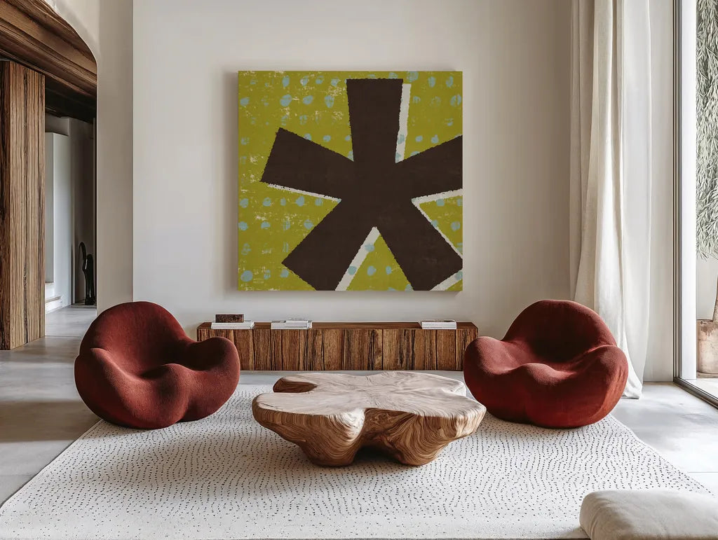 Punctuated Square VII Retro by Michael Mullan. Shown as extra-large giant wall art in a modern living room. Available as an archival giclee rolled canvas, fine art paper, or poster print. SKU 50662a.