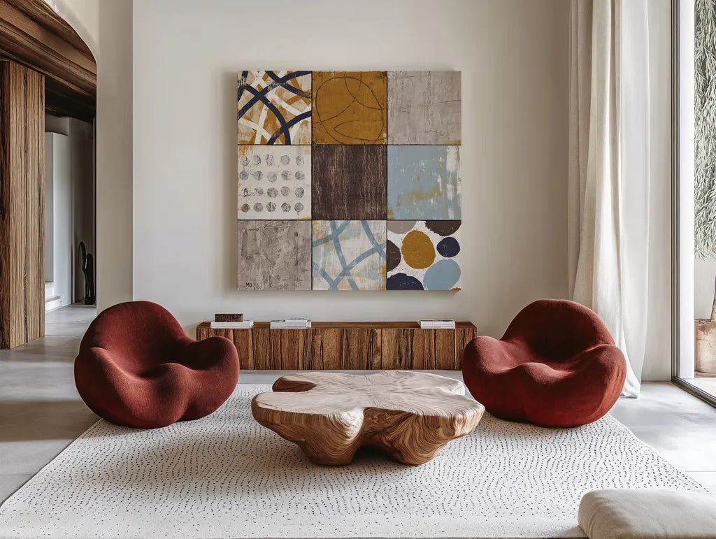 Raw Sienna II by Michael Mullan. Shown as extra-large giant wall art in a modern living room. Available as an archival giclee rolled canvas, fine art paper, or poster print. SKU 1809a.