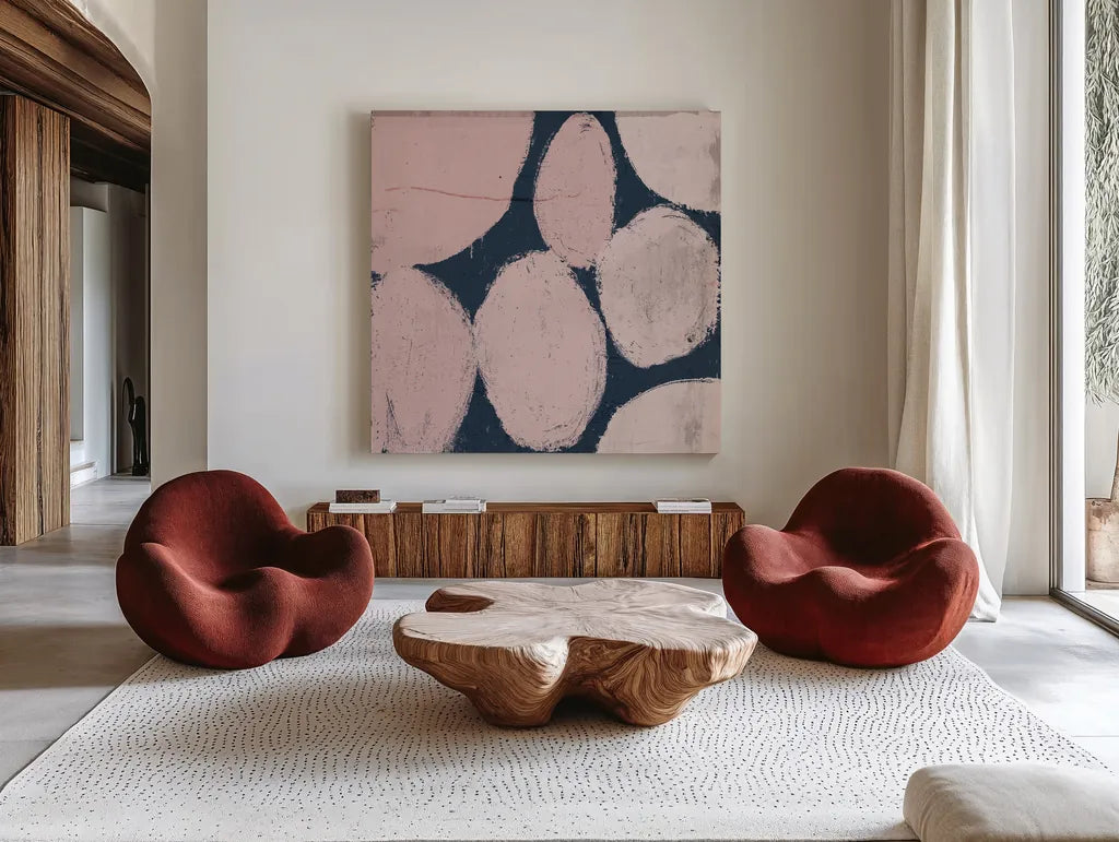 Raw Sienna XII Pink by Michael Mullan. Shown as extra-large giant wall art in a modern living room. Available as an archival giclee rolled canvas, fine art paper, or poster print. SKU 53730a.