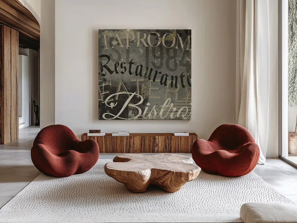 Restaurant Sign IV by Michael Mullan. Shown as extra-large giant wall art in a modern living room. Available as an archival giclee rolled canvas, fine art paper, or poster print. SKU 51285a.