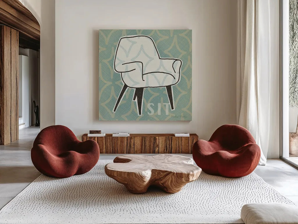Retro Chair I Sit by Michael Mullan. Shown as extra-large giant wall art in a modern living room. Available as an archival giclee rolled canvas, fine art paper, or poster print. SKU 27879a.