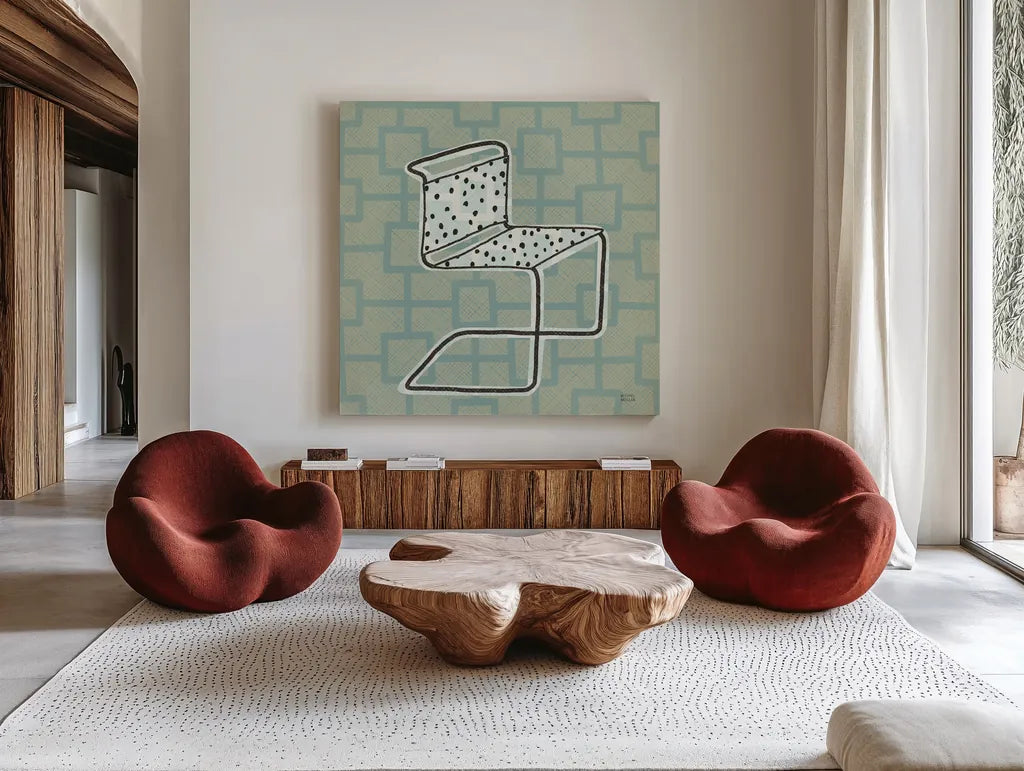 Retro Chair III by Michael Mullan. Shown as extra-large giant wall art in a modern living room. Available as an archival giclee rolled canvas, fine art paper, or poster print. SKU 50770a.