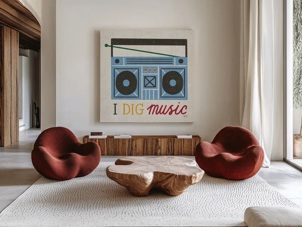 Retro Desktop Boom Box v2 by Michael Mullan. Shown as extra-large giant wall art in a modern living room. Available as an archival giclee rolled canvas, fine art paper, or poster print. SKU 60989a.