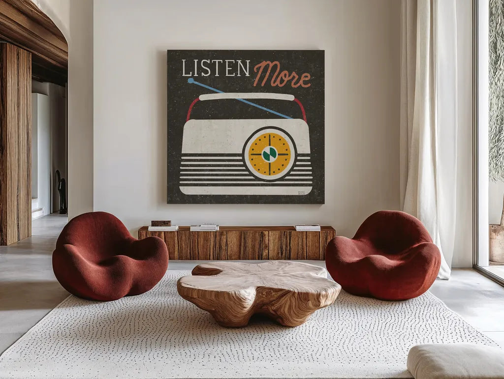 Retro Desktop Radio v2 by Michael Mullan. Shown as extra-large giant wall art in a modern living room. Available as an archival giclee rolled canvas, fine art paper, or poster print. SKU 60984a.