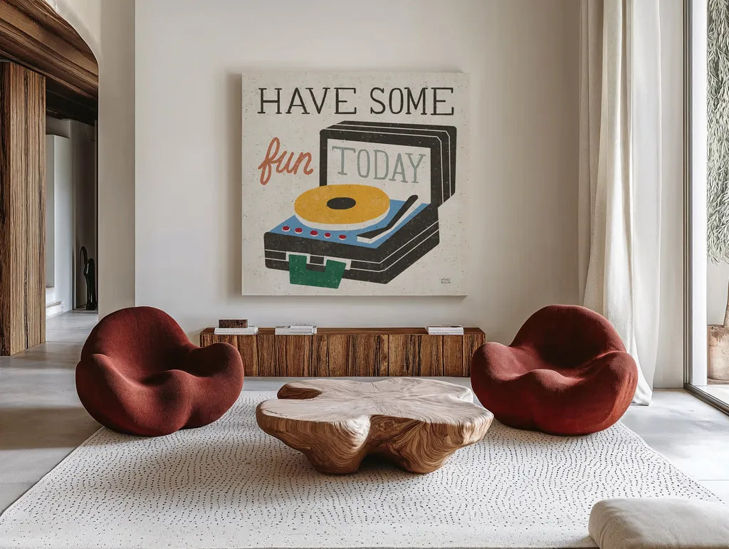 Retro Desktop Record Player v2 by Michael Mullan. Shown as extra-large giant wall art in a modern living room. Available as an archival giclee rolled canvas, fine art paper, or poster print. SKU 60986a.