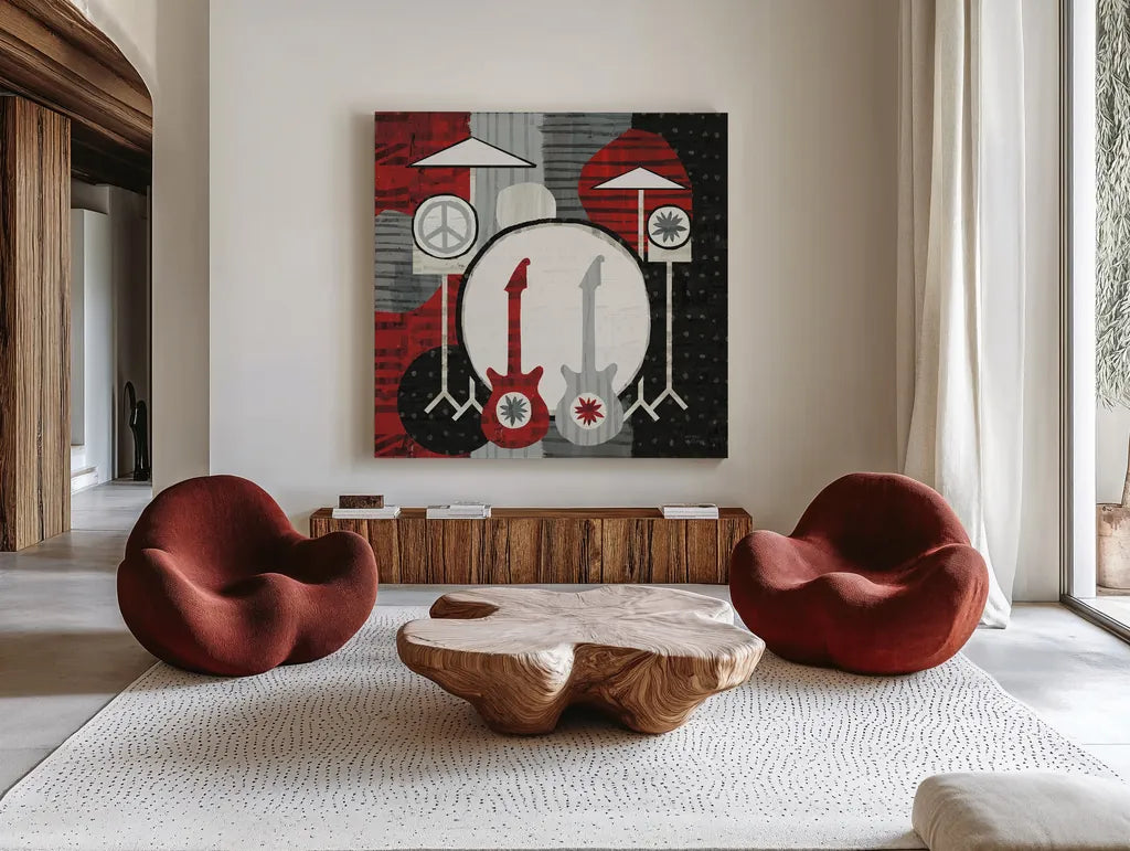 Rock N Roll Drums by Michael Mullan. Shown as extra-large giant wall art in a modern living room. Available as an archival giclee rolled canvas, fine art paper, or poster print. SKU 6401a.