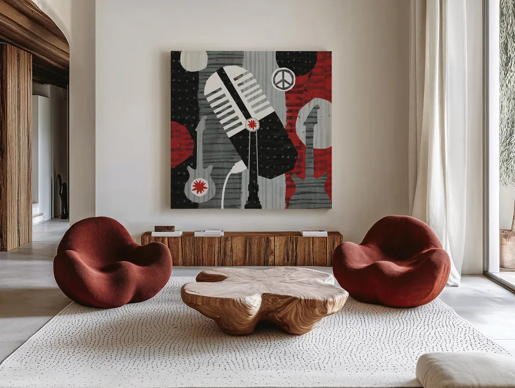 Rock N Roll Mic by Michael Mullan. Shown as extra-large giant wall art in a modern living room. Available as an archival giclee rolled canvas, fine art paper, or poster print. SKU 6402a.