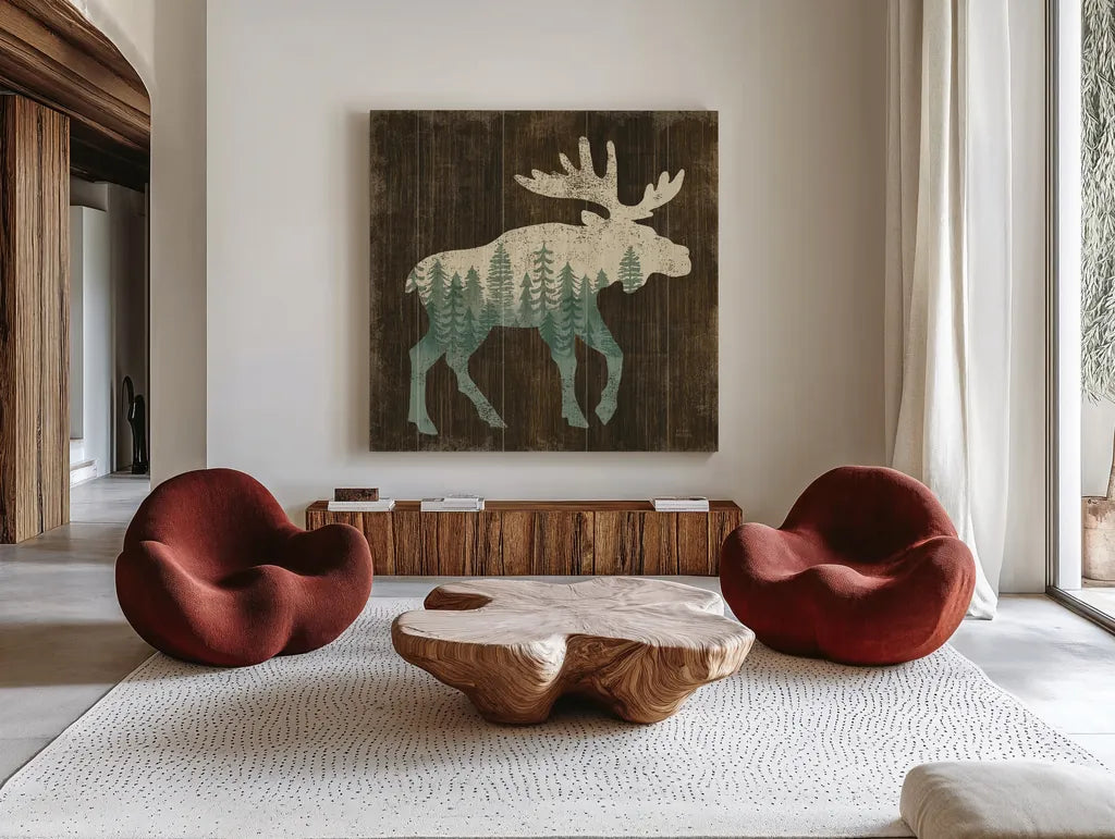 Simple Living Moose Silhouette by Michael Mullan. Shown as extra-large giant wall art in a modern living room. Available as an archival giclee rolled canvas, fine art paper, or poster print. SKU 69300a.