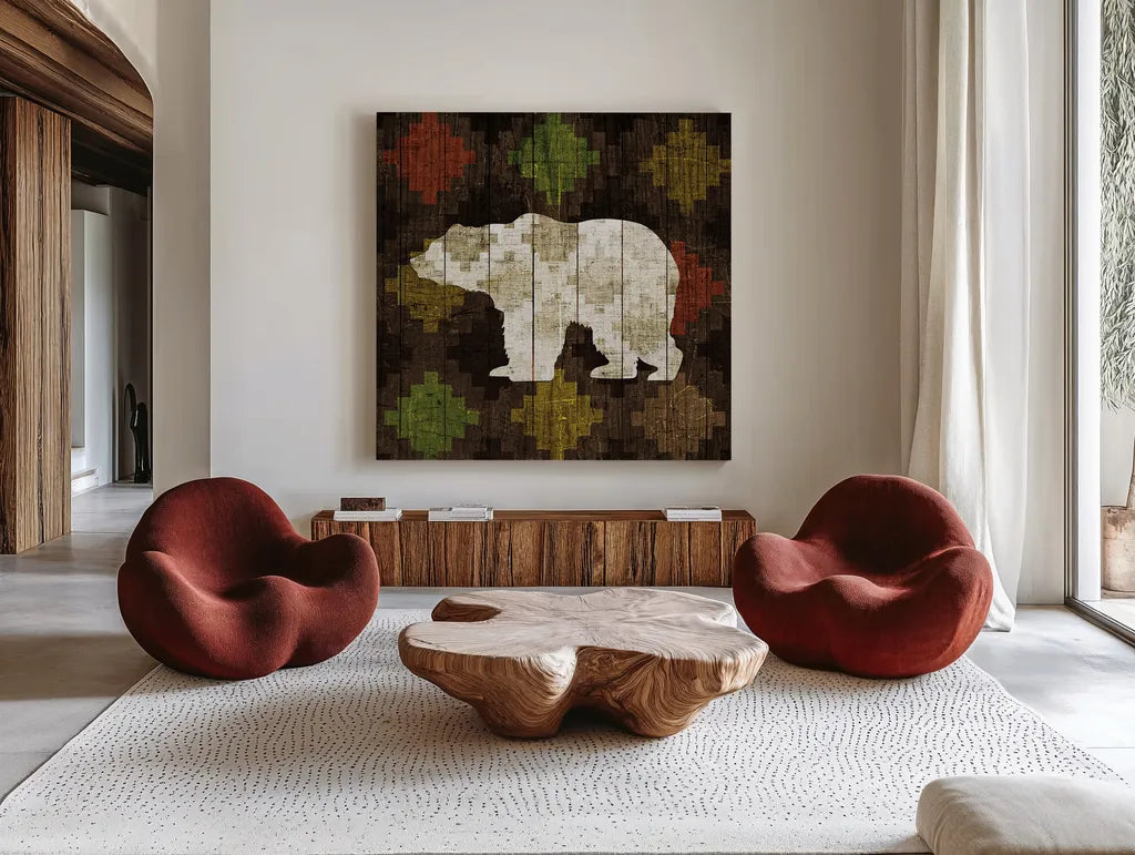 Southwest Lodge Bear by Michael Mullan. Shown as extra-large giant wall art in a modern living room. Available as an archival giclee rolled canvas, fine art paper, or poster print. SKU 17022a.