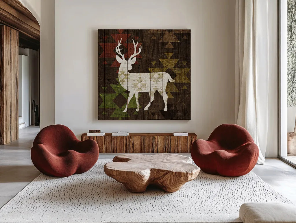 Southwest Lodge Deer I by Michael Mullan. Shown as extra-large giant wall art in a modern living room. Available as an archival giclee rolled canvas, fine art paper, or poster print. SKU 17019a.