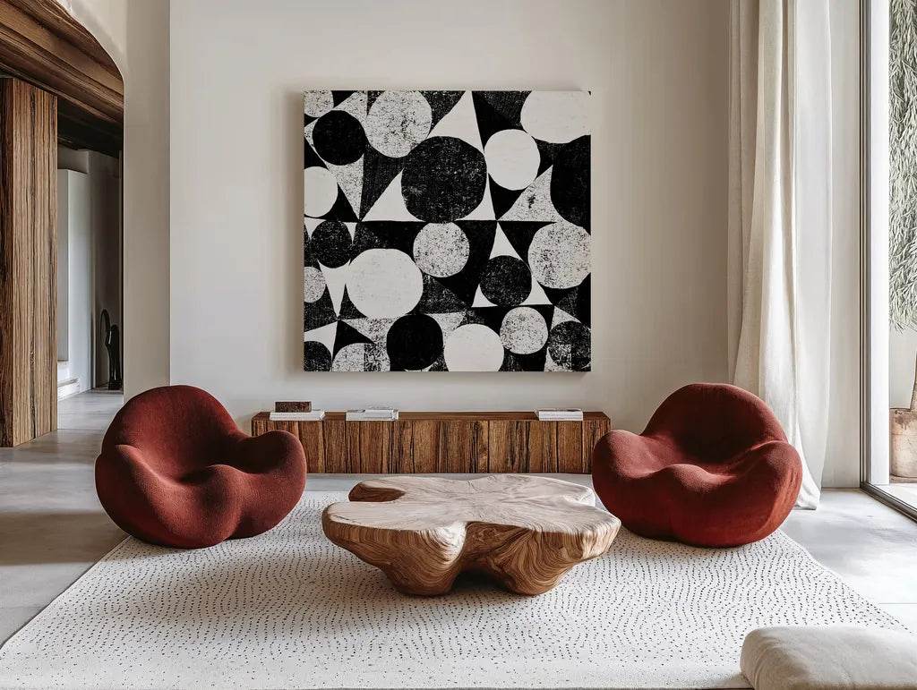 Spotty II by Michael Mullan. Shown as extra-large giant wall art in a modern living room. Available as an archival giclee rolled canvas, fine art paper, or poster print. SKU 16740a.