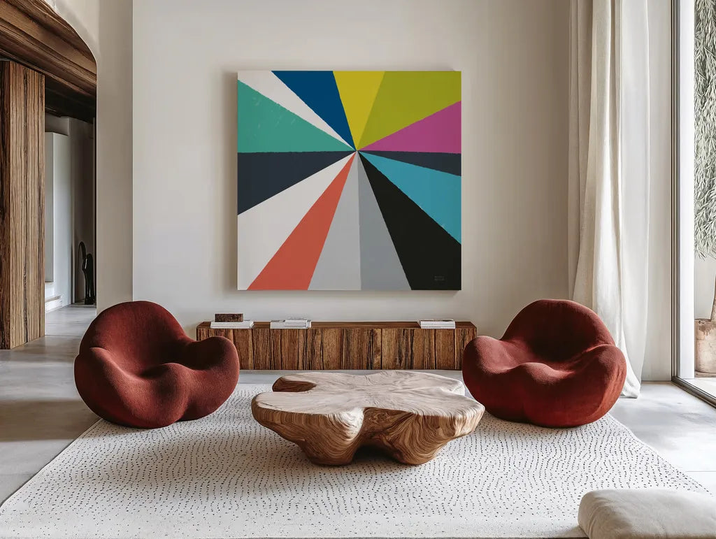 Triangulawesome Color IV by Michael Mullan. Shown as extra-large giant wall art in a modern living room. Available as an archival giclee rolled canvas, fine art paper, or poster print. SKU 52648a.