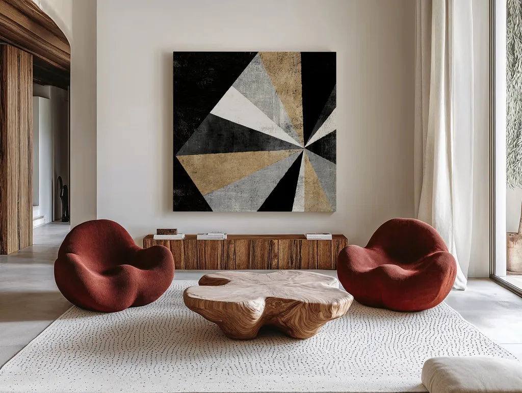 Triangulawesome I BWG by Michael Mullan. Shown as extra-large giant wall art in a modern living room. Available as an archival giclee rolled canvas, fine art paper, or poster print. SKU 56579a.