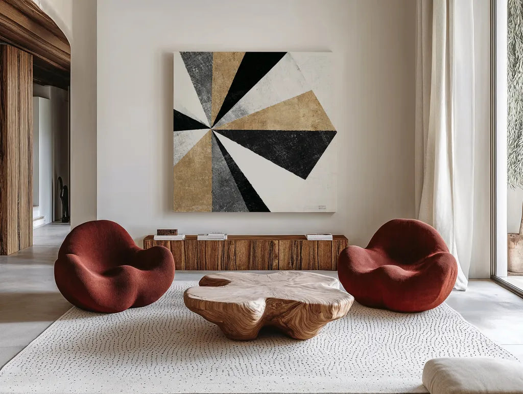 Triangulawesome II BWG Crop by Michael Mullan. Shown as extra-large giant wall art in a modern living room. Available as an archival giclee rolled canvas, fine art paper, or poster print. SKU 56580a.