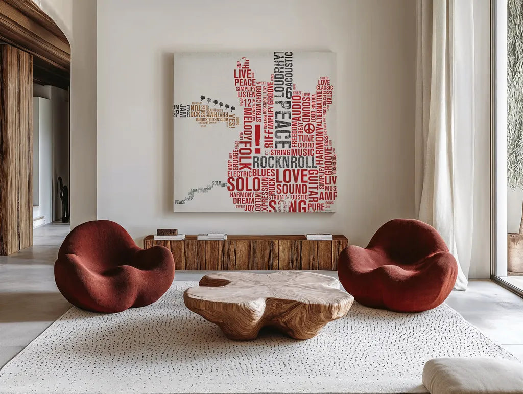 Type Guitar Colorful Square I by Michael Mullan. Shown as extra-large giant wall art in a modern living room. Available as an archival giclee rolled canvas, fine art paper, or poster print. SKU 48417a.