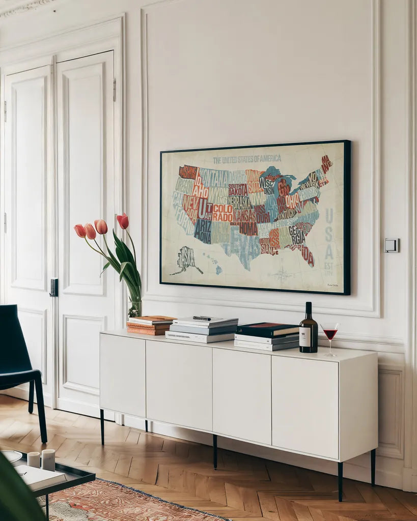 USA Modern Blue by Michael Mullan. shown as a framed stretched canvas in a living room above a console. Available as a archival giclee rolled canvas, fine art paper, or poster print. SKU 9417i.