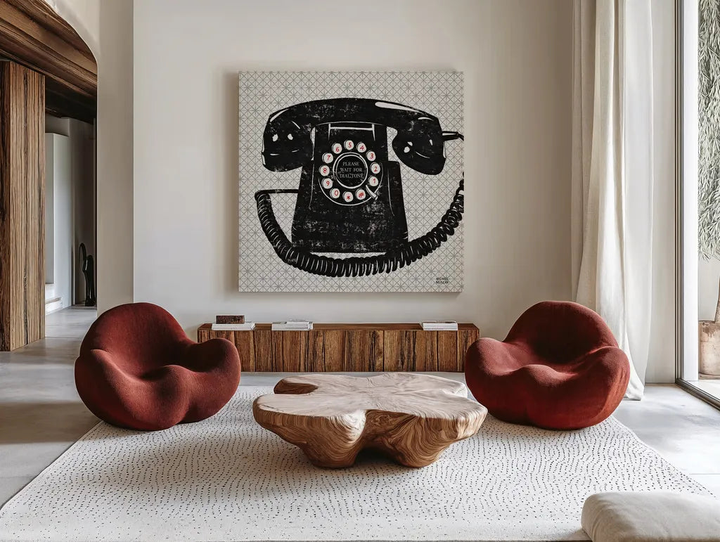 Vintage Analog Phone by Michael Mullan. Shown as extra-large giant wall art in a modern living room. Available as an archival giclee rolled canvas, fine art paper, or poster print. SKU 12409a.
