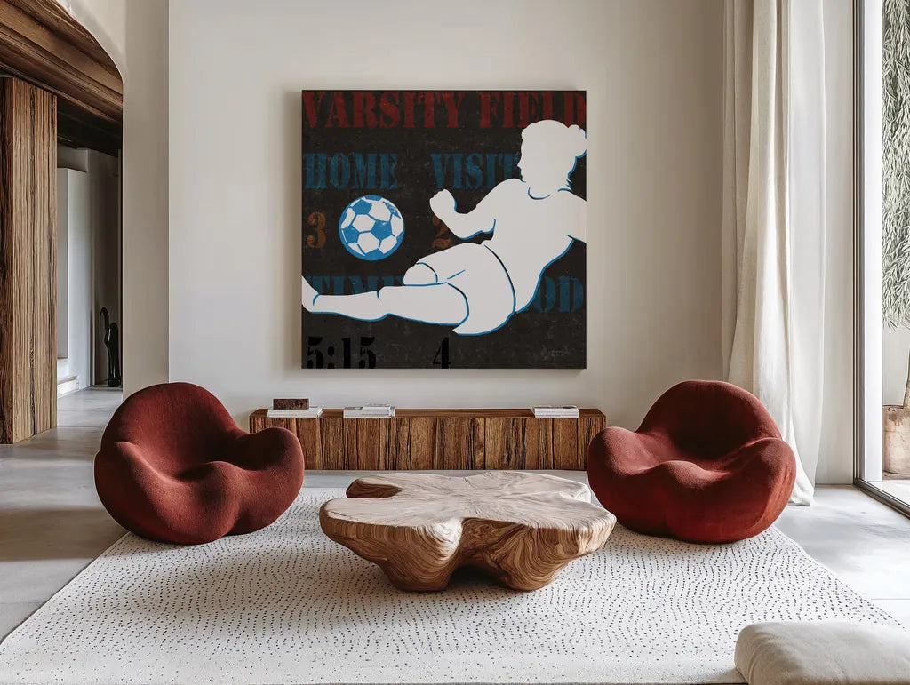 Womens Scoreboard Soccer v2 by Michael Mullan. Shown as extra-large giant wall art in a modern living room. Available as an archival giclee rolled canvas, fine art paper, or poster print. SKU 98248a.