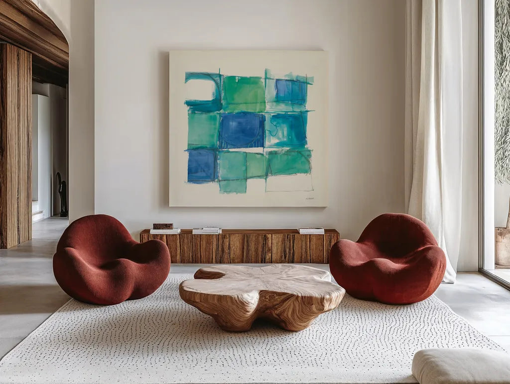 131 West 3rd Street Square II by Mike Schick. Shown as extra-large giant wall art in a modern living room. Available as an archival giclee rolled canvas, fine art paper, or poster print. SKU 16623a.