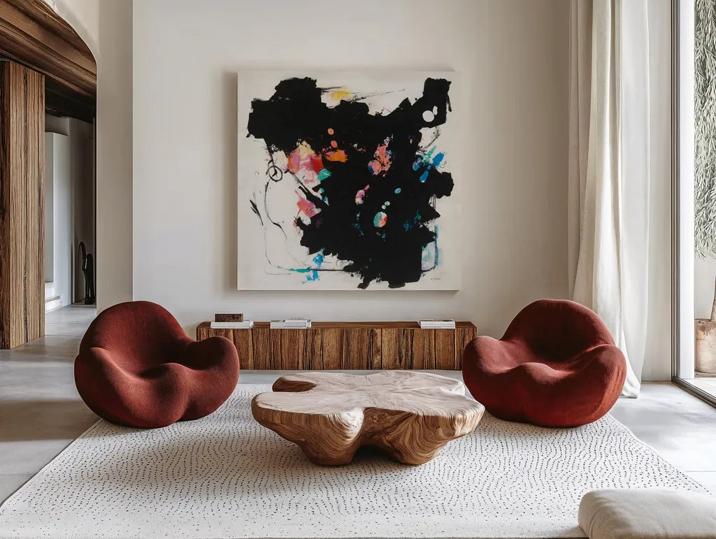 Abstract Redacted by Mike Schick. Shown as extra-large giant wall art in a modern living room. Available as an archival giclee rolled canvas, fine art paper, or poster print. SKU 50545a.
