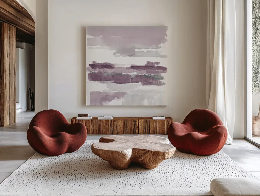 Amethyst Wetlands by Mike Schick. Shown as extra-large giant wall art in a modern living room. Available as an archival giclee rolled canvas, fine art paper, or poster print. SKU 22195a.