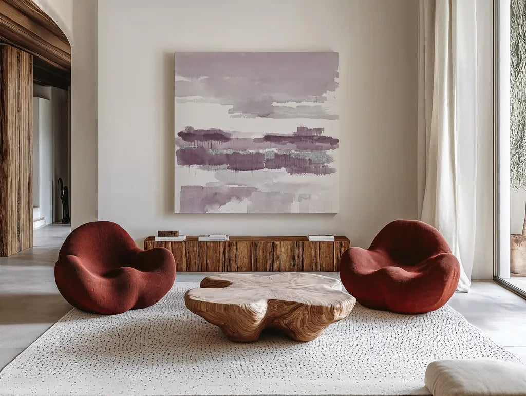 Amethyst Wetlands with Silver by Mike Schick. Shown as extra-large giant wall art in a modern living room. Available as an archival giclee rolled canvas, fine art paper, or poster print. SKU 24298a.