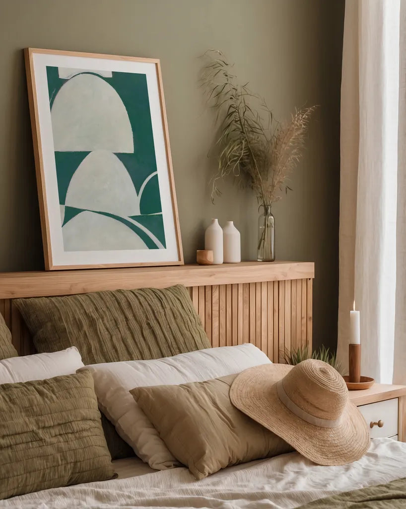 Artifact I Teal by Mike Schick. shown as a paper print in a natural frame. Available as a archival giclee rolled canvas, fine art paper, or poster print. SKU 92619h.