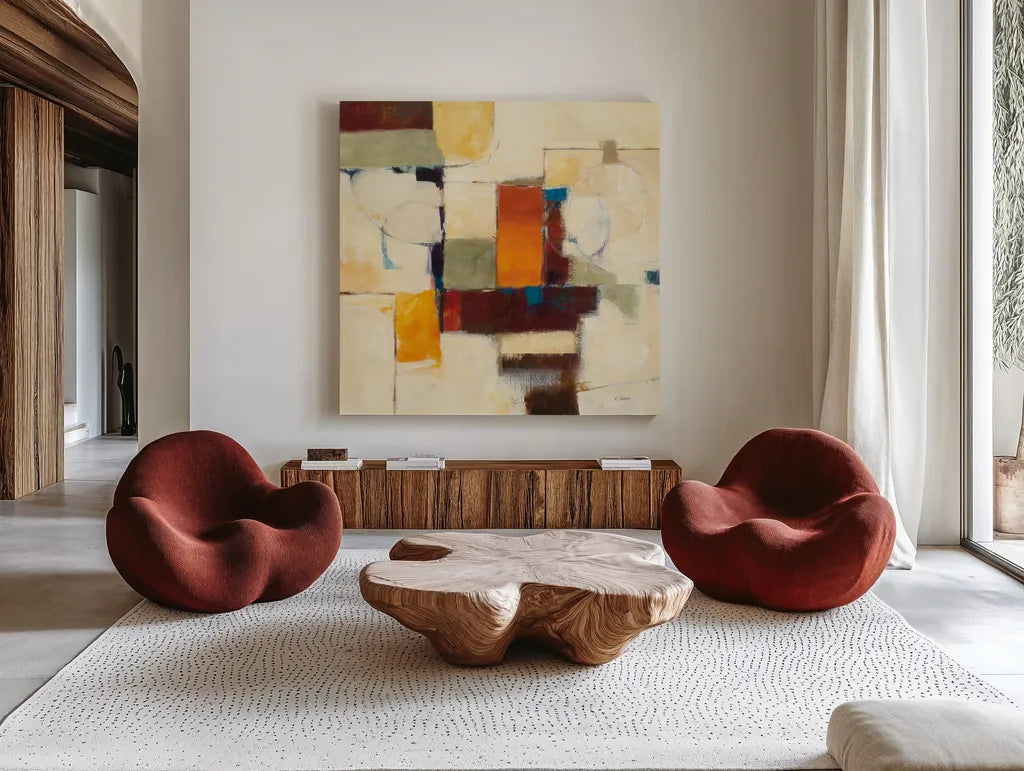Autumn Patchwork I by Mike Schick. Shown as extra-large giant wall art in a modern living room. Available as an archival giclee rolled canvas, fine art paper, or poster print. SKU 10502a.