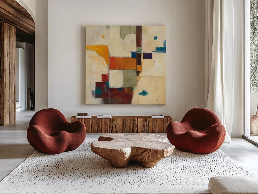 Autumn Patchwork II by Mike Schick. Shown as extra-large giant wall art in a modern living room. Available as an archival giclee rolled canvas, fine art paper, or poster print. SKU 10503a.