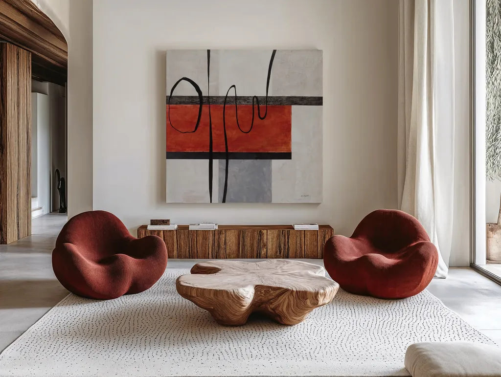 Balance Beam I by Mike Schick. Shown as extra-large giant wall art in a modern living room. Available as an archival giclee rolled canvas, fine art paper, or poster print. SKU 91330a.