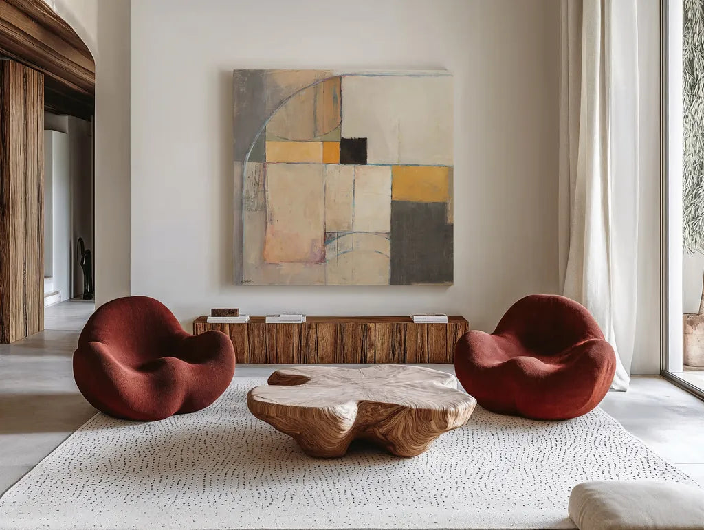 Blues Before Sunrise by Mike Schick. Shown as extra-large giant wall art in a modern living room. Available as an archival giclee rolled canvas, fine art paper, or poster print. SKU 34197a.