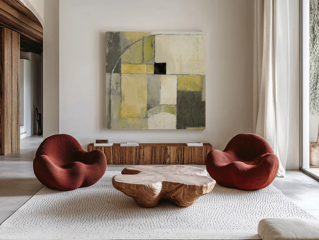 Blues Before Sunrise Yellow and Grey by Mike Schick. Shown as extra-large giant wall art in a modern living room. Available as an archival giclee rolled canvas, fine art paper, or poster print. SKU 11477a.