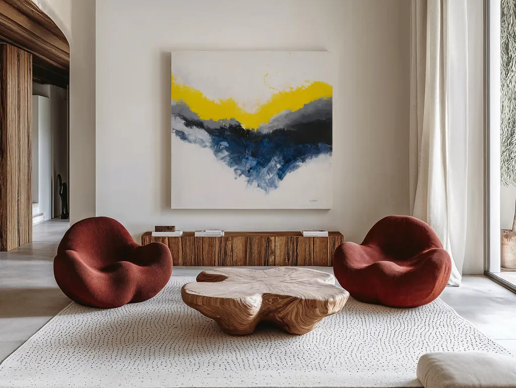 Cascade by Mike Schick. Shown as extra-large giant wall art in a modern living room. Available as an archival giclee rolled canvas, fine art paper, or poster print. SKU 69651a.
