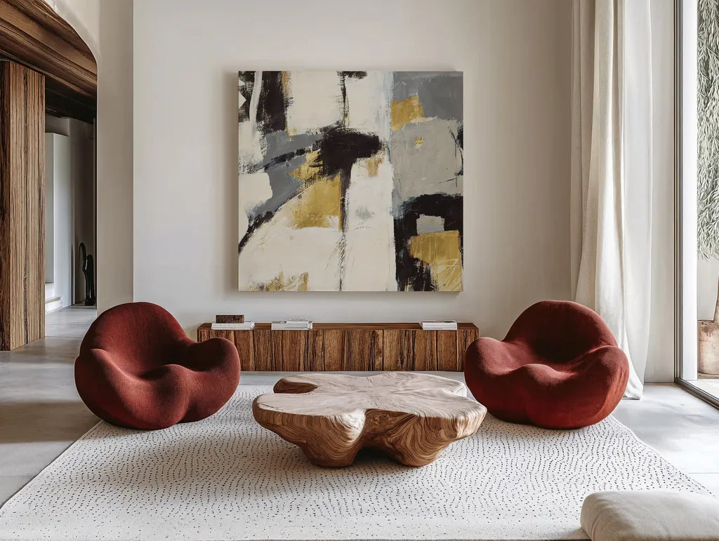 Catalina I Gold by Mike Schick. Shown as extra-large giant wall art in a modern living room. Available as an archival giclee rolled canvas, fine art paper, or poster print. SKU 34241a.