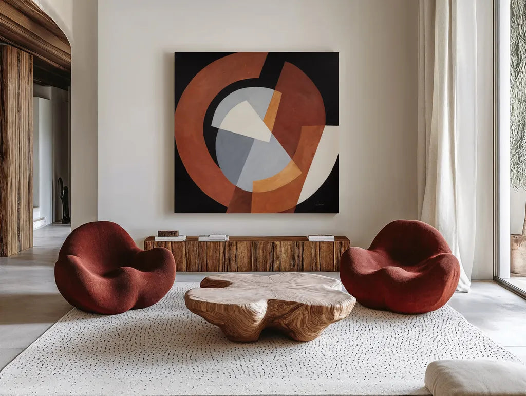 Deconstructed I by Mike Schick. Shown as extra-large giant wall art in a modern living room. Available as an archival giclee rolled canvas, fine art paper, or poster print. SKU 88371a.