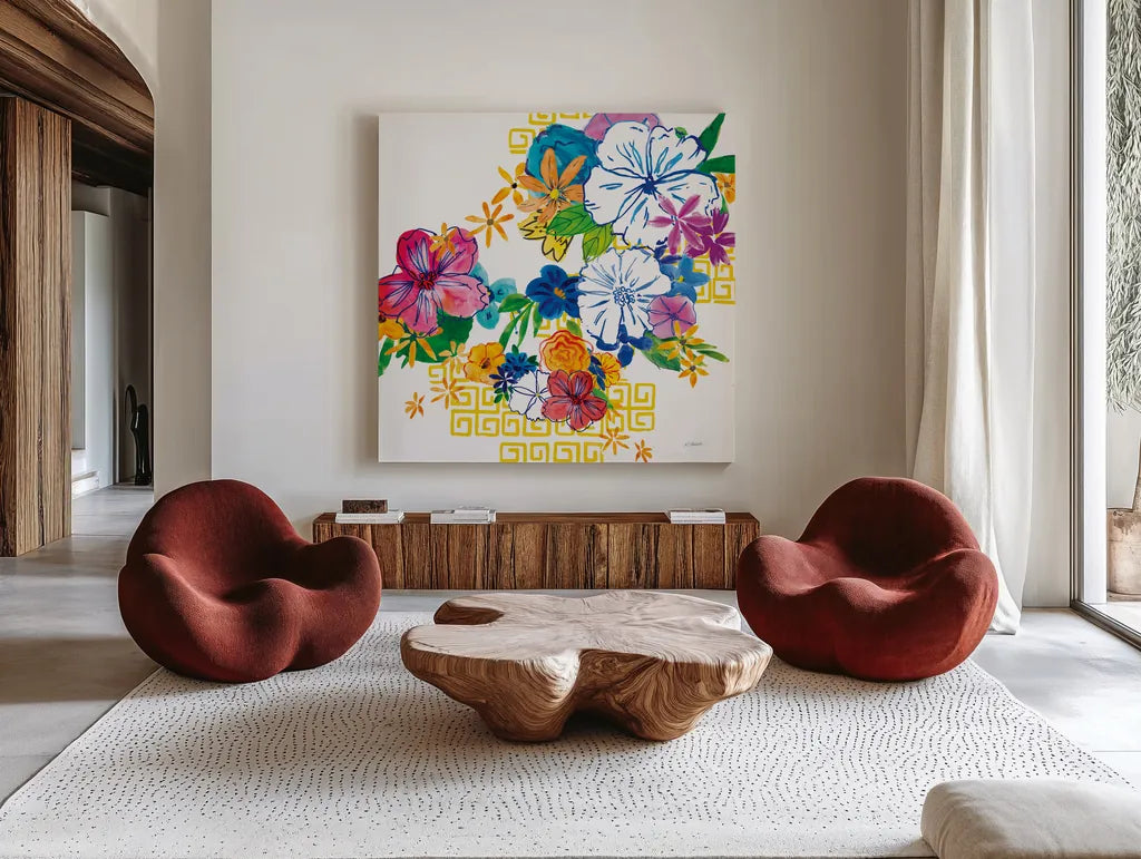 Flower Power II by Mike Schick. Shown as extra-large giant wall art in a modern living room. Available as an archival giclee rolled canvas, fine art paper, or poster print. SKU 65877a.