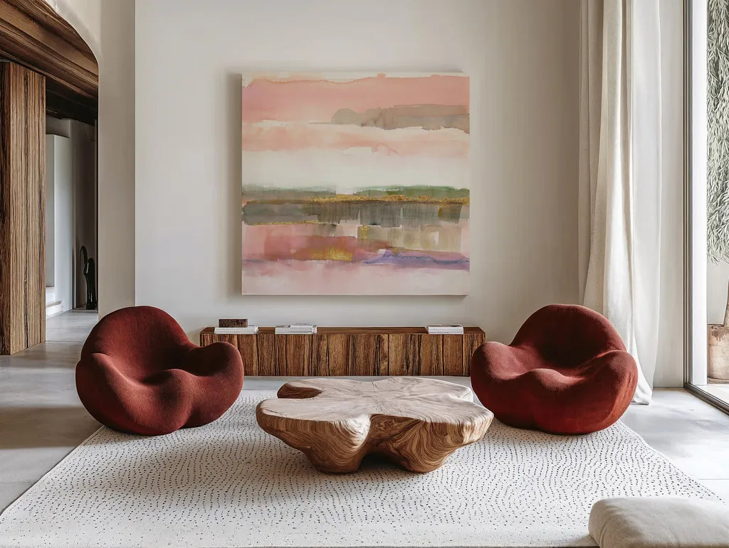 Influence of Line and Color Gold Crop by Mike Schick. Shown as extra-large giant wall art in a modern living room. Available as an archival giclee rolled canvas, fine art paper, or poster print. SKU 21654a.