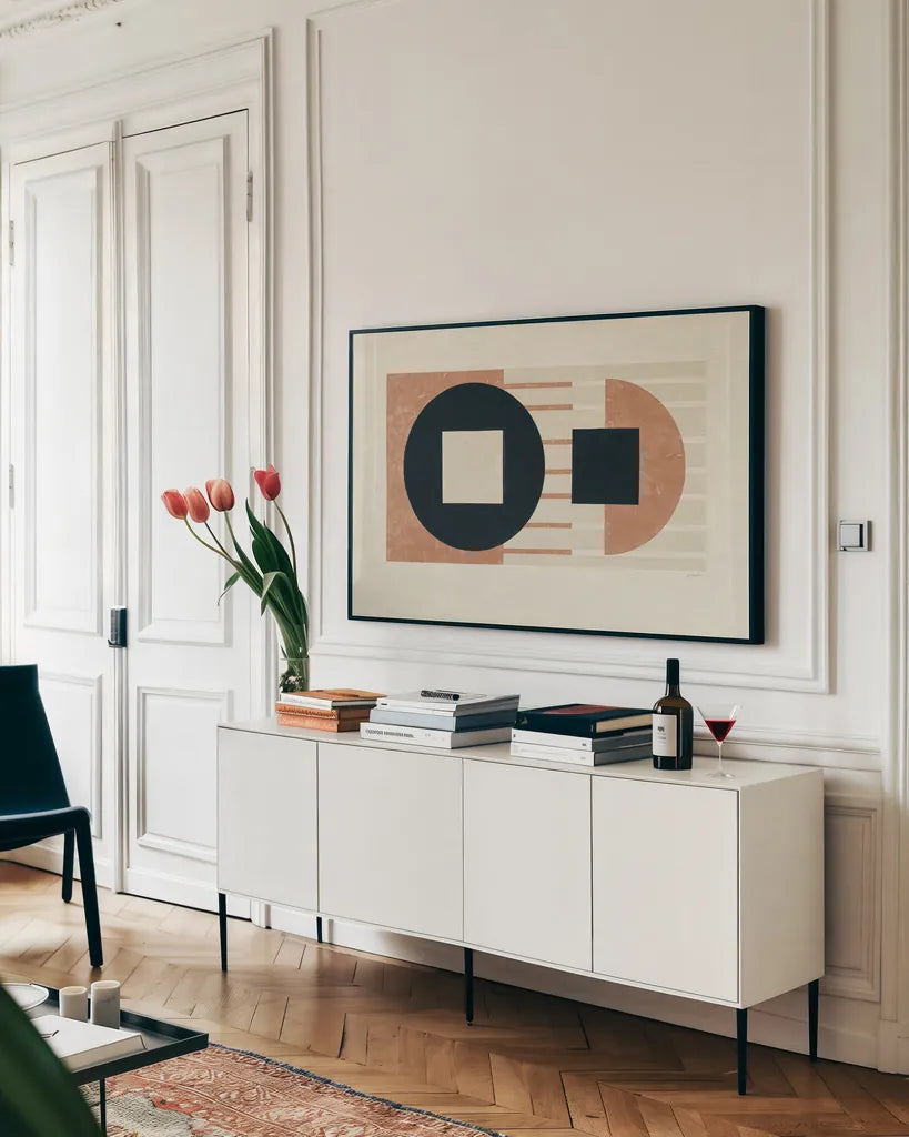 Laterally Speaking Warm by Mike Schick. shown as a framed stretched canvas in a living room above a console. Available as a archival giclee rolled canvas, fine art paper, or poster print. SKU 55289i.