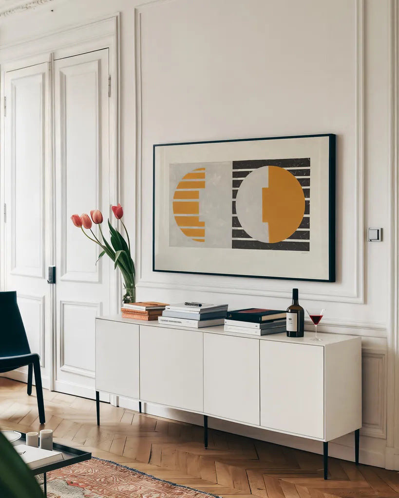 Latitude v2 by Mike Schick. shown as a framed stretched canvas in a living room above a console. Available as a archival giclee rolled canvas, fine art paper, or poster print. SKU 58746i.