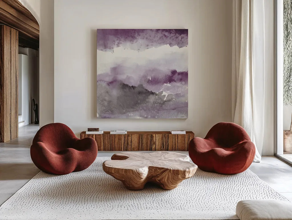 Midnight at the Lake III Amethyst and Grey by Mike Schick. Shown as extra-large giant wall art in a modern living room. Available as an archival giclee rolled canvas, fine art paper, or poster print. SKU 22141a.