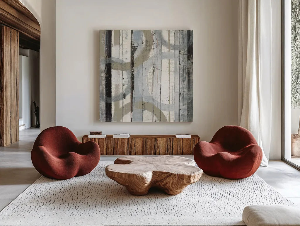 Neutral Zephyr I by Mike Schick. Shown as extra-large giant wall art in a modern living room. Available as an archival giclee rolled canvas, fine art paper, or poster print. SKU 30075a.