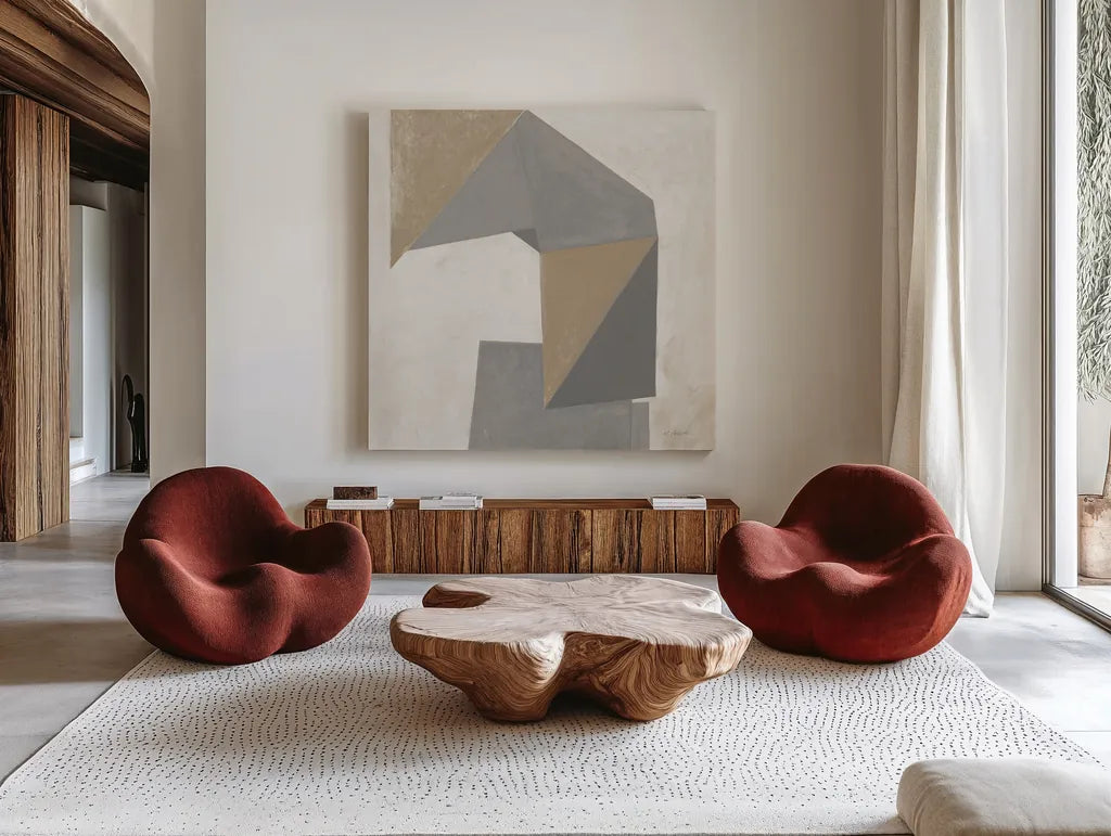 Paper Trail Travertine Crop by Mike Schick. Shown as extra-large giant wall art in a modern living room. Available as an archival giclee rolled canvas, fine art paper, or poster print. SKU 79807a.