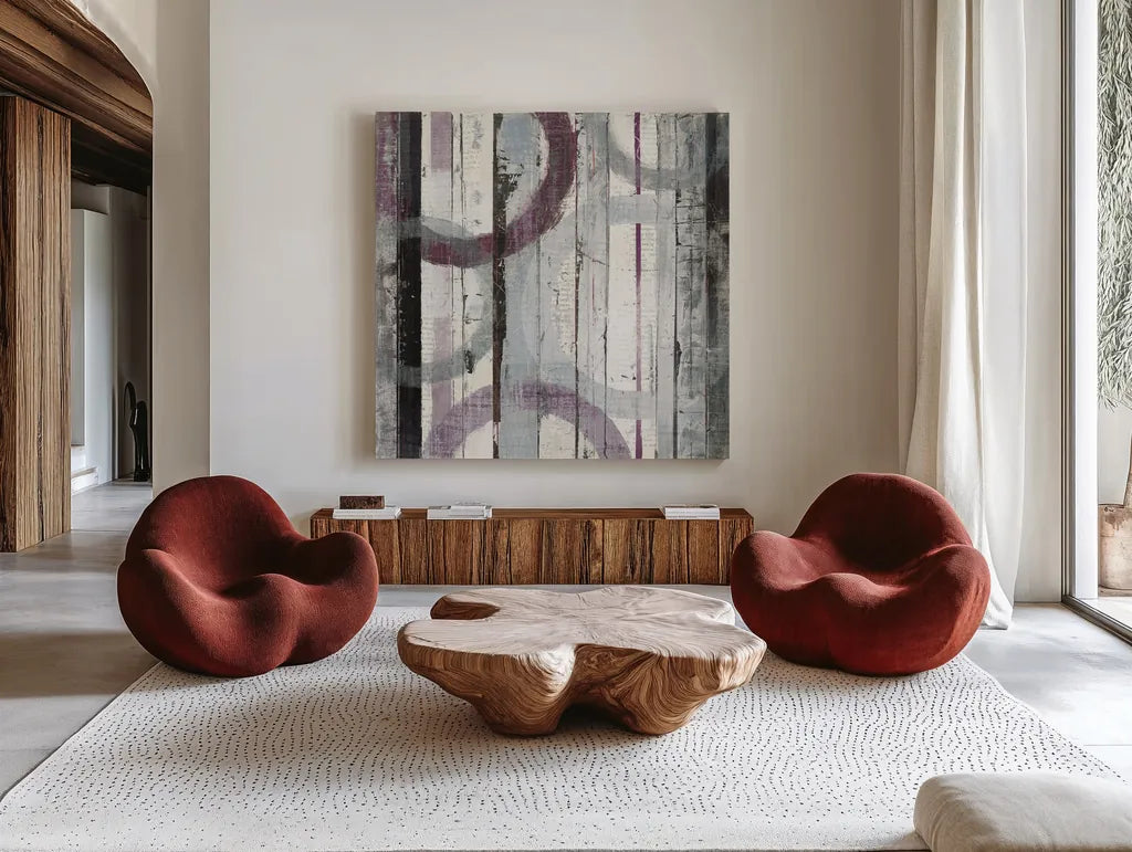 Plum Zephyr I by Mike Schick. Shown as extra-large giant wall art in a modern living room. Available as an archival giclee rolled canvas, fine art paper, or poster print. SKU 11112a.