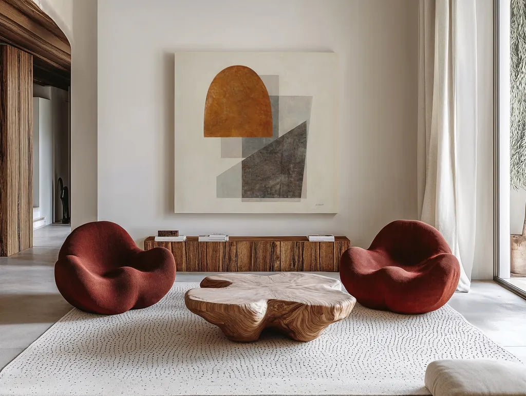 Quintet I by Mike Schick. Shown as extra-large giant wall art in a modern living room. Available as an archival giclee rolled canvas, fine art paper, or poster print. SKU 48849a.