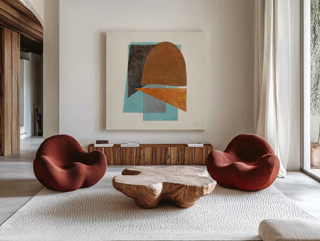 Quintet II Turquoise by Mike Schick. Shown as extra-large giant wall art in a modern living room. Available as an archival giclee rolled canvas, fine art paper, or poster print. SKU 51724a.